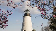 Exterior view of the lighthouse in spring