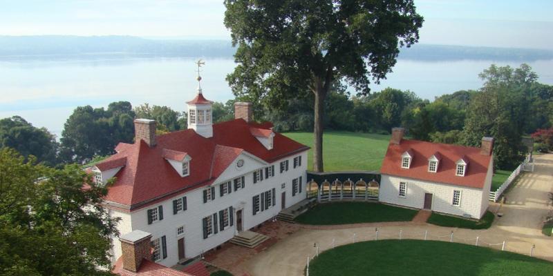 An aerial view of the red-roofed George Washington's Mount Vernon in Fairfax, Virginia, USA.