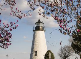 Exterior view of the lighthouse in spring