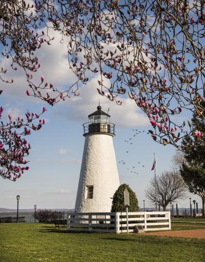 Exterior view of the lighthouse in spring